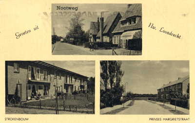 13440 Collage van gezichten te Nieuw-Loosdrecht (gemeente Loosdrecht): - De Nootweg met bebouwing.- Nieuwbouwwoningen.- ...
